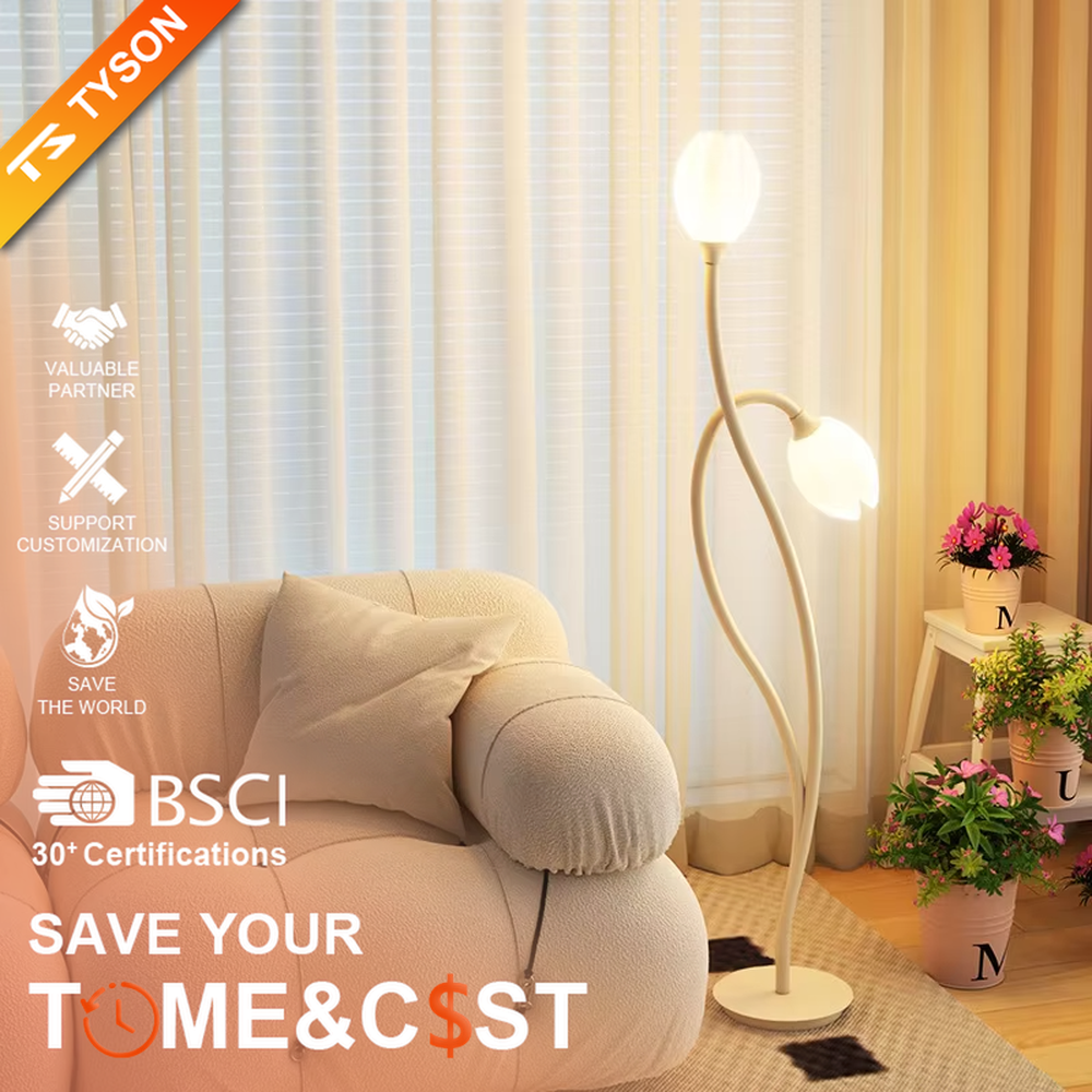 This is a modern warm-style white flower-shaped floor lamp, with white curved metal poles and double flower-shaped lampshades, featuring a minimalist and gentle design, warm style. It is used for space lighting and decoration, creating a warm and comfortable atmosphere. Suitable for modern minimalist living rooms, bedroom corners, Nordic-style homes and other places.