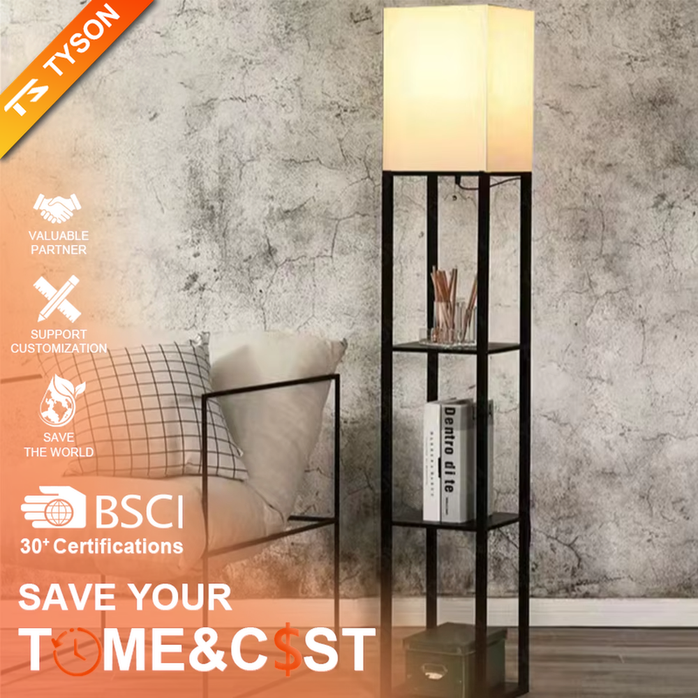 This is a multifunctional shelf floor lamp, with an industrial-style wooden frame and a square lampshade, built-in three-layer shelf, supporting three color temperatures switching (5000K white daylight, 4000K bright yellow, 2700K warm light), integrating lighting and storage functions. It is used for space lighting, decoration and storage, creating a practical and stylish atmosphere. Suitable for modern minimalist home living rooms, studies, bedroom corners and other places.