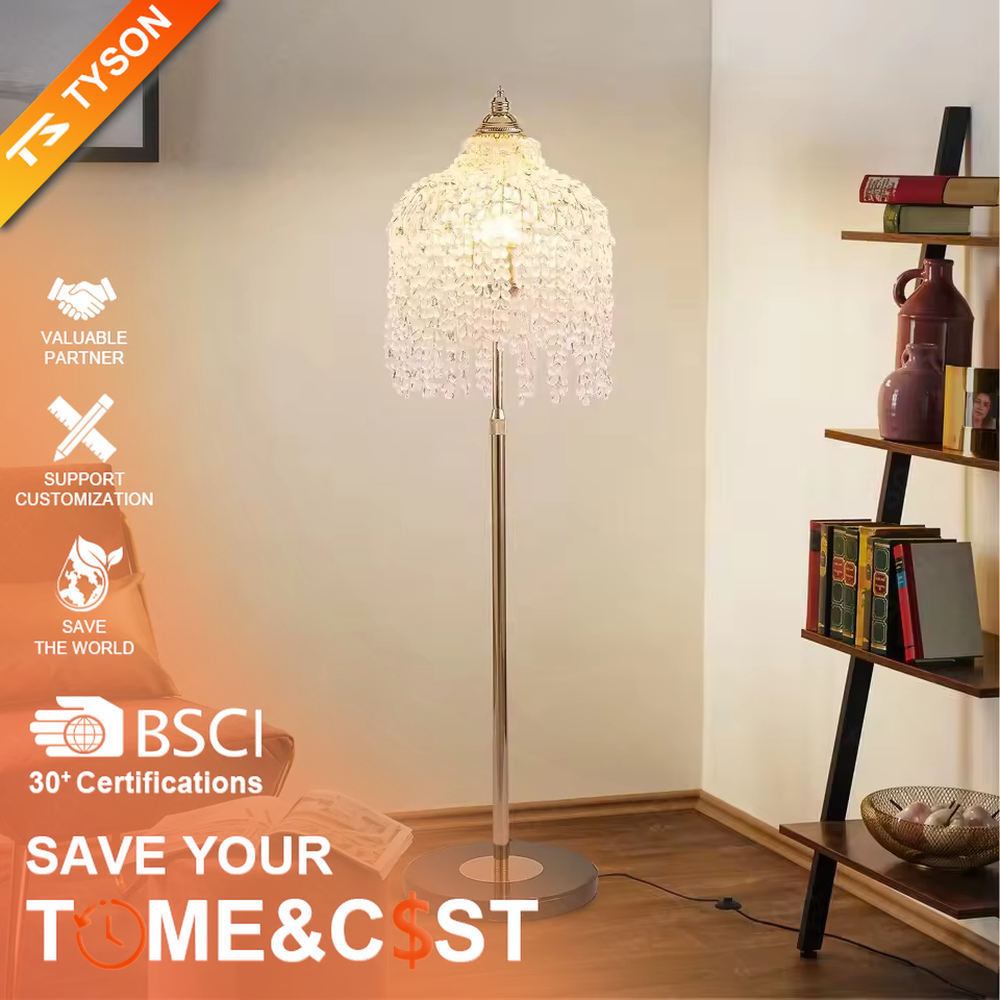 This is a luxury crystal floor lamp with a golden lamp pole, a marble base, and a cascading crystal lampshade. It features a luxurious and elegant design that shines brilliantly under light. It is used for space lighting and decoration, creating a noble and luxurious ambiance. It is suitable for luxury-style home living rooms, high-end hotel leisure areas, luxury villa living rooms and other places.