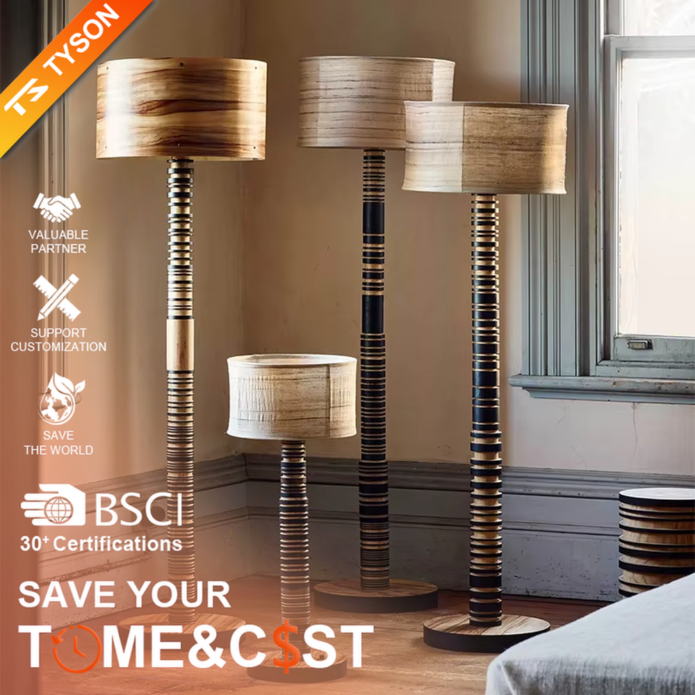 This is a natural retro-style wooden floor lamp, with a stand of alternating black and natural wood stripes and a wooden cylindrical lampshade, featuring a natural retro design and unique texture. It is used for space lighting and decoration, creating a natural and warm retro atmosphere. It is suitable for natural-style home living rooms, homestay leisure areas, art studios and other places.