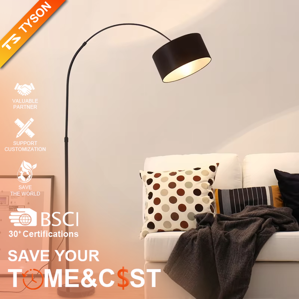 This is a modern minimalist black arc fabric floor lamp, with a black metal arc pole paired with a black fabric round lampshade. It features a minimalist and grand design, with soft lighting. It is used for space accent lighting and decoration, creating a modern minimalist atmosphere. Suitable for modern minimalist living rooms, Nordic-style homes, study corners and other places.