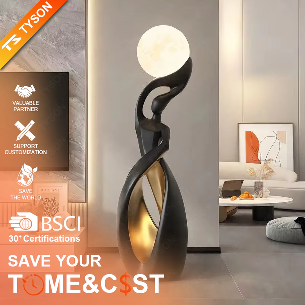 This is an artistic human-shaped black-gold floor lamp, featuring a black-gold artistic human sculpture holding a moon-shaped luminous lamp, with strong artistic sense and modern luxury style. It is used for space lighting and decoration, creating an artistic atmosphere. It is suitable for modern art home living rooms, high-end hotel lobbies, art exhibition halls and other places.