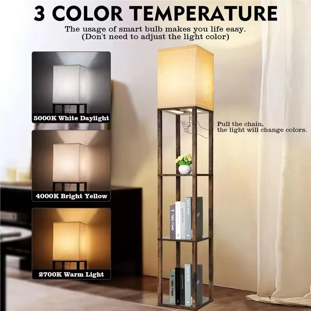 This is a multifunctional shelf floor lamp, with an industrial-style wooden frame and a square lampshade, built-in three-layer shelf, supporting three color temperatures switching (5000K white daylight, 4000K bright yellow, 2700K warm light), integrating lighting and storage functions. It is used for space lighting, decoration and storage, creating a practical and stylish atmosphere. Suitable for modern minimalist home living rooms, studies, bedroom corners and other places.