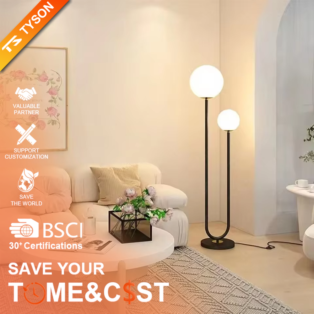 This is a modern vibrant red U-shaped double-sphere floor lamp, with a red U-shaped metal pole and two white spherical lampshades, featuring a minimalist and lively design, modern style. It is used for space lighting and decoration, creating a warm and vibrant atmosphere. Suitable for modern minimalist living rooms, children's rooms, creative studios and other places.