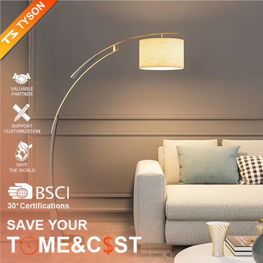 This is a modern luxury arc floor lamp, with a black-gold arc metal stand, a beige fabric cylindrical lampshade, and a golden base, featuring a minimalist and grand design with strong luxury texture. It is used for space lighting and decoration, creating a warm luxury atmosphere. It is suitable for modern luxury home living rooms, leisure reading areas, high-end hotel guest rooms and other places.