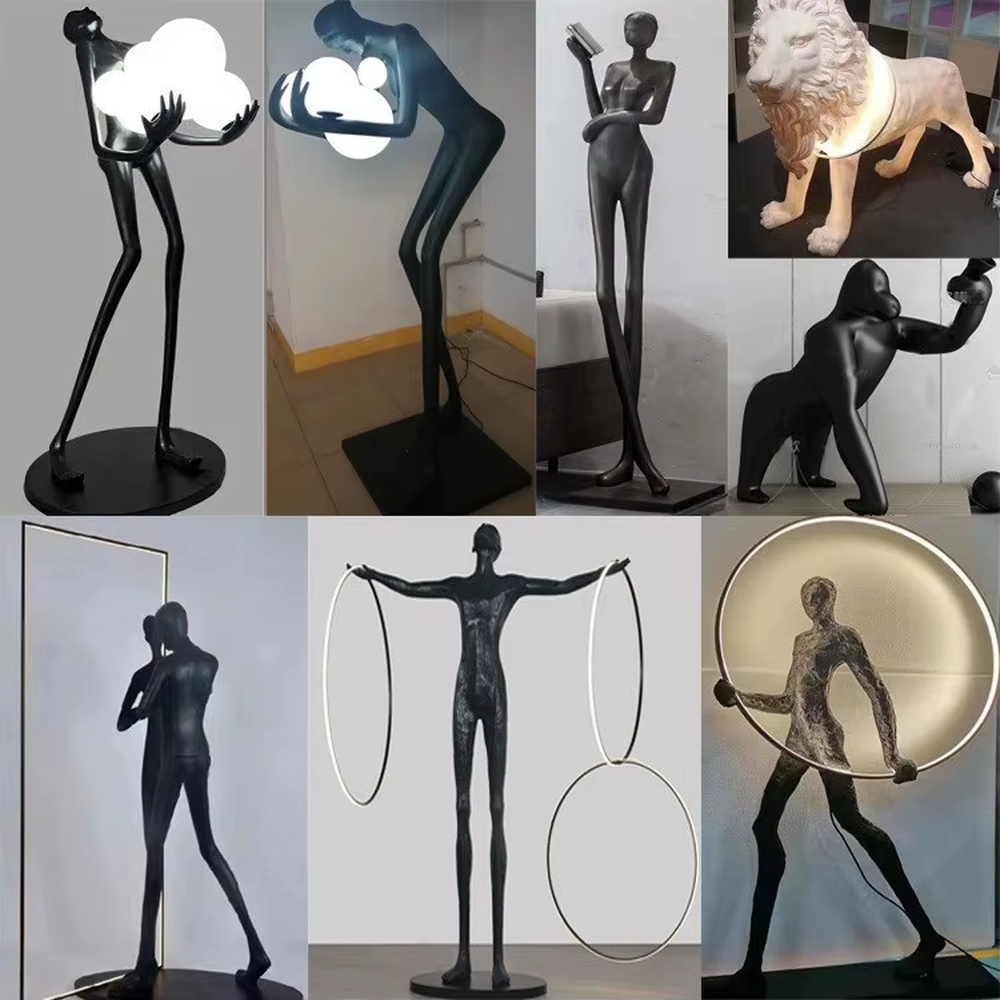 This is an artistic installation-style human sculpture ring floor lamp, featuring a black human sculpture shape paired with a circular LED light. It has a strong sense of art and avant-garde, with soft lighting and visual impact. It is used for space lighting and artistic decoration, creating a modern artistic and avant-garde atmosphere. Suitable for art exhibition halls, high-end villa living rooms, designer studios and other places.