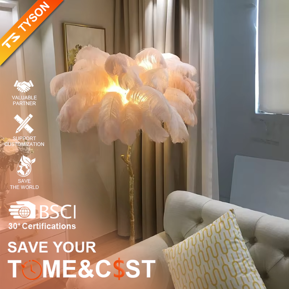 This is a luxurious artistic white feather-shaped floor lamp, with a golden branch-shaped metal bracket and numerous white ostrich feathers. It features a romantic and luxurious design, with warm and soft lighting. It is used for space ambient lighting and decoration, creating a romantic artistic atmosphere. Suitable for light luxury-style bedrooms, internet-famous check-in shops, art homestays and other places.
