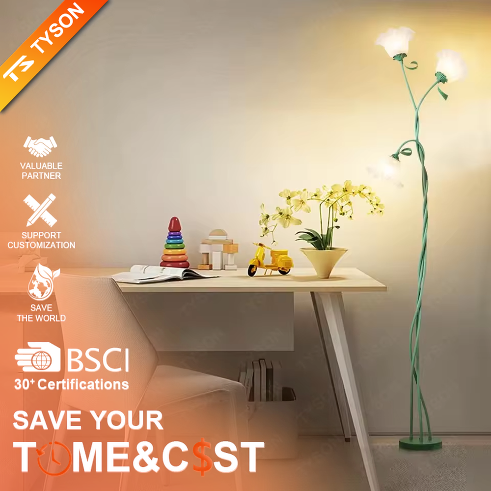 This is a natural artistic flower-shaped floor lamp, with a green spiral metal stand and three white flower-shaped lampshades, featuring a strong natural artistic sense and fresh elegant style. It is used for space lighting and decoration, creating a natural artistic atmosphere. It is suitable for pastoral-style home living rooms, homestay leisure areas, art studios and other places.