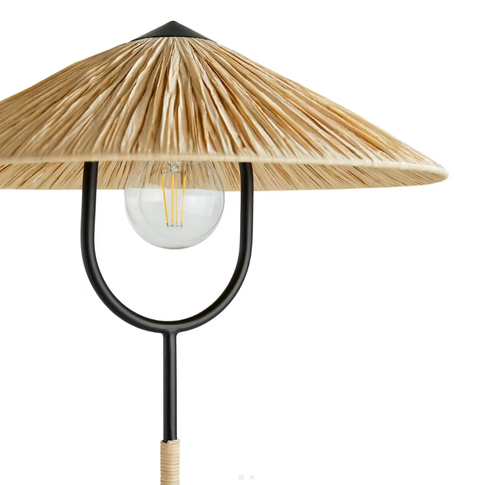 This is a retro-style woven floor lamp, with a black metal stand (curved base) and a woven-textured conical lampshade, featuring a retro bulb design, natural retro style and unique texture. It is used for space lighting and decoration, creating a warm retro natural atmosphere. It is suitable for retro-style home living rooms, leisure areas, art studios and other places.