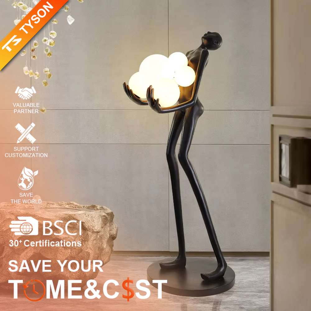 This is an artistic human-shaped floor lamp, featuring a black human sculpture holding a circular luminous lamp, with a white marble base. It has a strong artistic sense and modern luxury style. It is used for space lighting and decoration, creating an artistic atmosphere. It is suitable for modern art home living rooms, high-end hotel lobbies, art exhibition halls and other places.