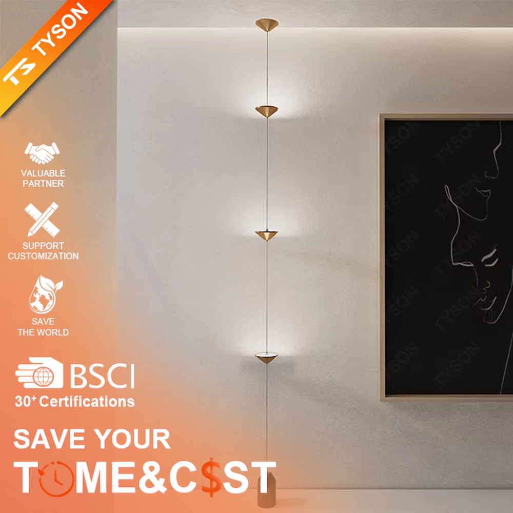 This is a modern artistic golden conical long-string chandelier, with multiple golden conical lamp bodies connected in series and a black marble base, featuring a minimalist artistic design and modern style. It is used for space lighting and decoration, creating an artistic and modern atmosphere. Suitable for modern art home stairwells, high-ceilinged living rooms, designer studios and other places.