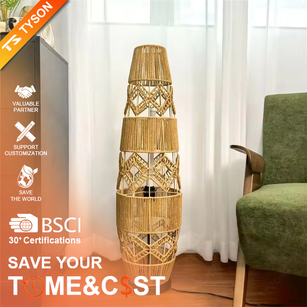 This is a natural retro-style rattan floor lamp, with a multi-layer geometric woven rattan structure, featuring a natural artistic sense and warm rustic texture. It is used for space lighting and decoration, creating a natural and warm retro atmosphere. It is suitable for natural-style home living rooms, homestay leisure areas, Southeast Asian-style restaurants and other places.