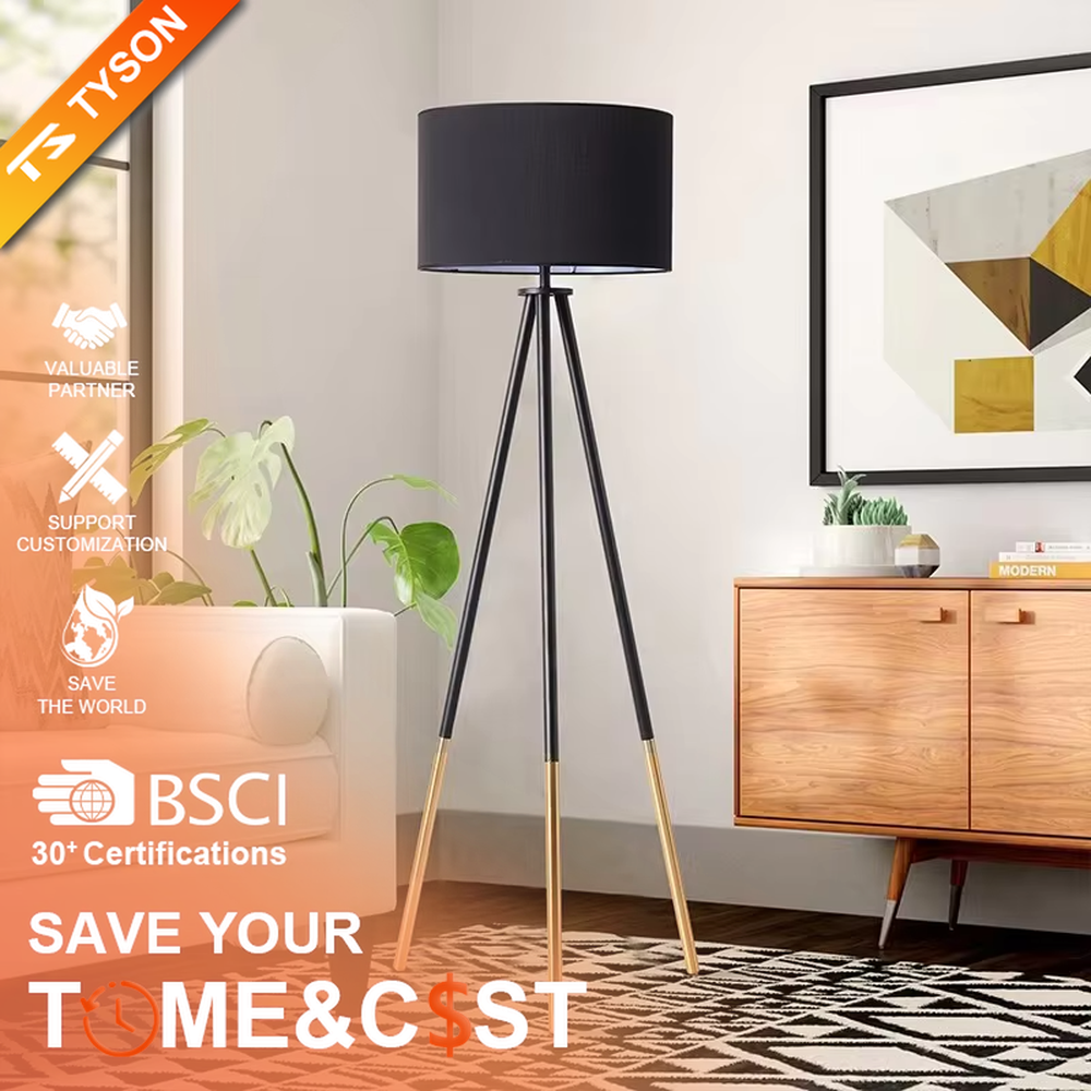 This is a modern tripod - shaped floor lamp with a black - gold metal tripod stand and a dark brown fabric cylindrical lampshade, featuring a minimalist luxury design with strong modern sense. It is used for space lighting and decoration, creating a warm and luxurious atmosphere. It is suitable for modern home living rooms, luxury - style residences, leisure reading areas and other places.