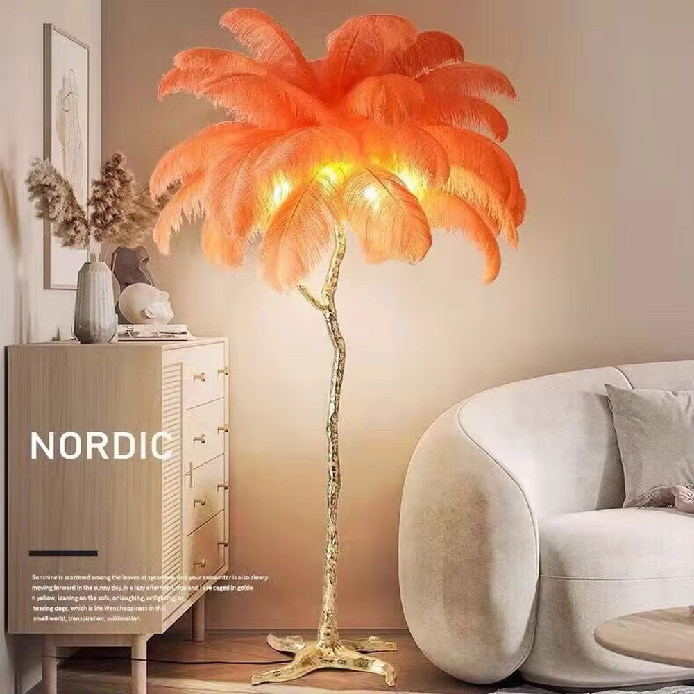 This is a luxurious artistic white feather-shaped floor lamp, with a golden branch-shaped metal bracket and numerous white ostrich feathers. It features a romantic and luxurious design, with warm and soft lighting. It is used for space ambient lighting and decoration, creating a romantic artistic atmosphere. Suitable for light luxury-style bedrooms, internet-famous check-in shops, art homestays and other places.
