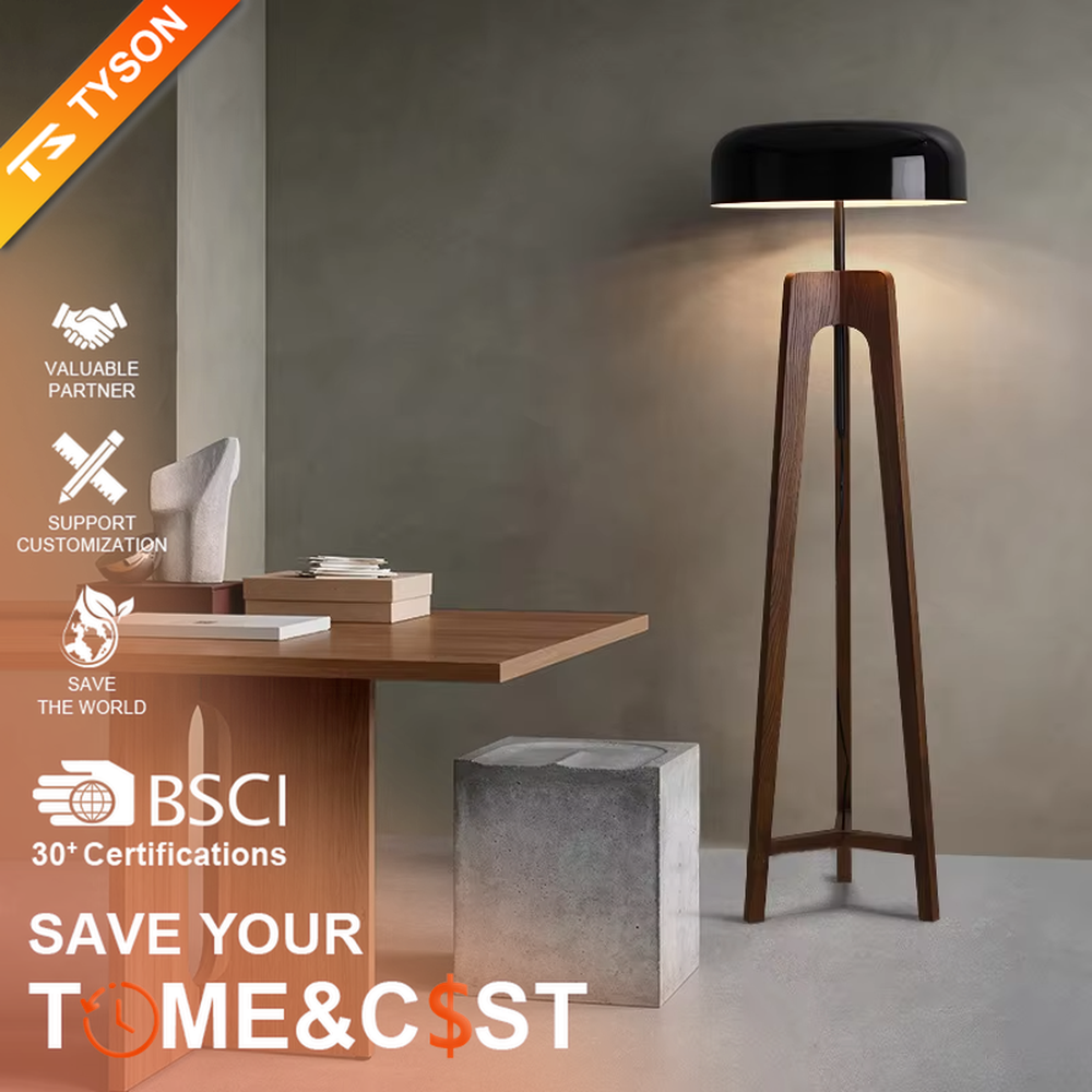 This is a modern retro-style wooden floor lamp, with a dark wooden tripod stand and a black dome lampshade, featuring a minimalist retro design with high-quality texture. It is used for space lighting and decoration, creating a warm retro modern atmosphere. It is suitable for modern retro-style home living rooms, designer studios, leisure reading areas and other places.