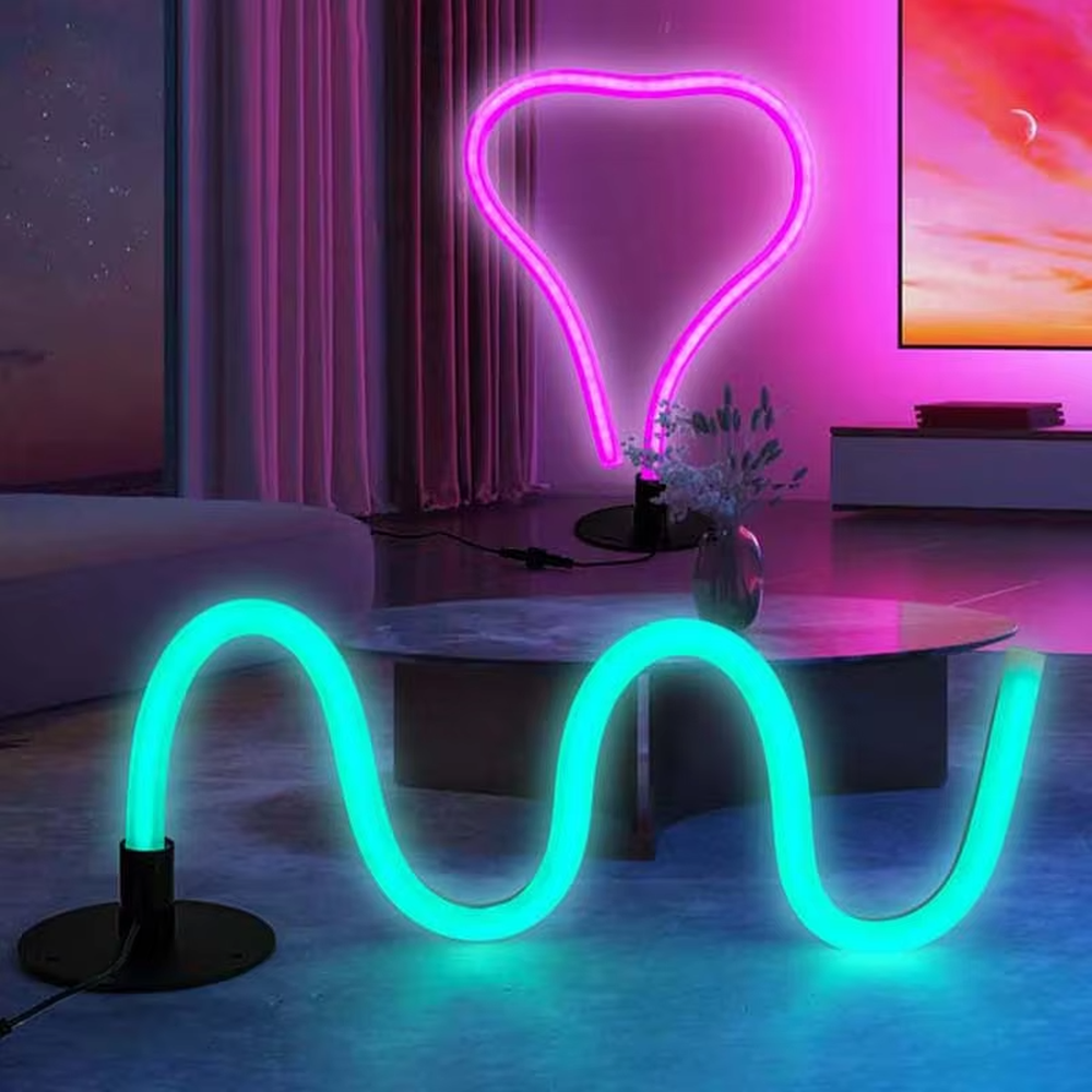 Modern creative bendable RGB neon floor lamp, fluorescent colorful light strip + black base, dynamic and changeable lighting, creating a trendy leisure atmosphere.