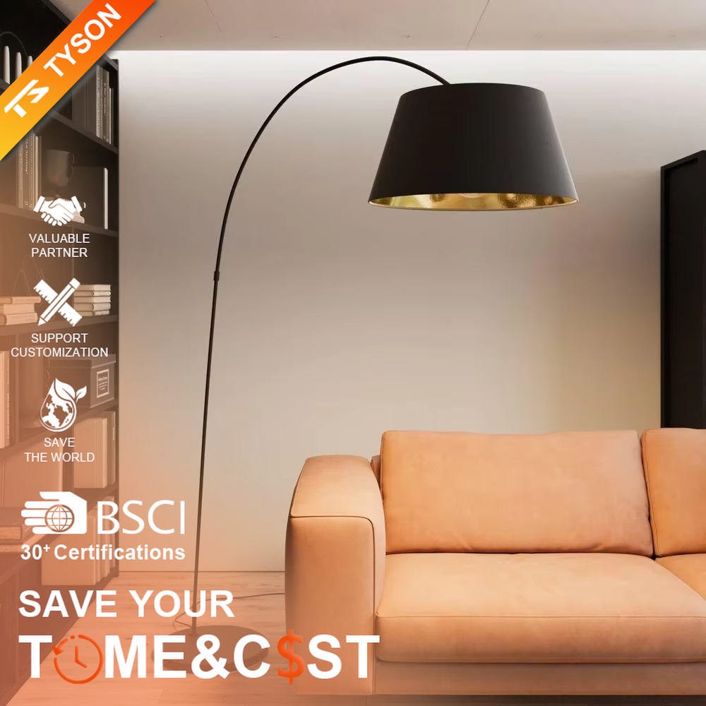 Modern minimalist curved floor lamp, black curved lamp pole paired with a black-outside-gold-inside hemisphere lampshade and a black disc base, soft and warm lighting, creating a minimalist high-end space atmosphere.