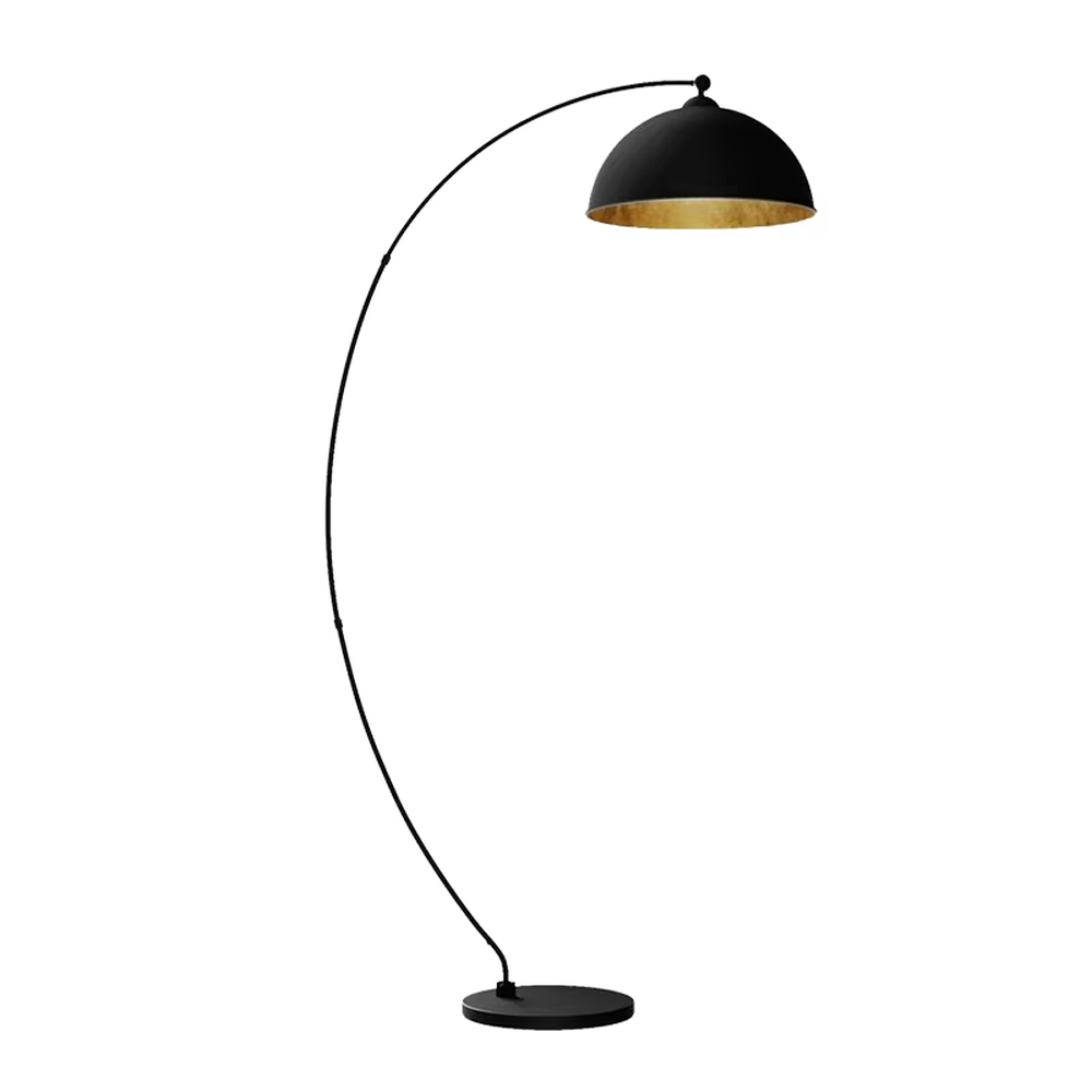 This is a modern minimalist light luxury curved floor lamp, with a black curved lamp pole paired with a black-outside-gold-inside hemisphere lampshade, and a black disc base. The lighting is soft and warm, creating a minimalist high-end atmosphere.