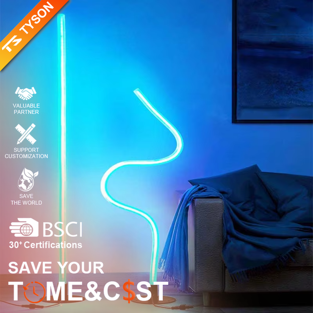 Modern creative bendable RGB neon floor lamp, fluorescent colorful light strip + black base, dynamic and changeable lighting, creating a trendy leisure atmosphere.