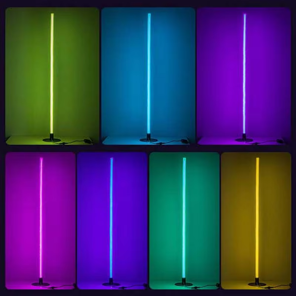 Modern creative bendable RGB neon floor lamp, fluorescent colorful light strip + black base, dynamic and changeable lighting, creating a trendy leisure atmosphere.