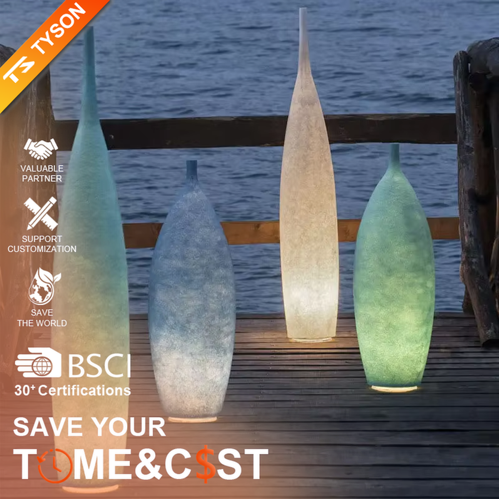 This is a Zen minimalist bottle-shaped paper art floor lamp (including large and small styles), made of light beige paper art texture material to create a slender bottle shape, with a large and small combination design. The light through the material is soft and hazy, creating a quiet and elegant atmosphere. It is used for space lighting and decoration, suitable for Zen-style spaces, minimalist homes and other places.