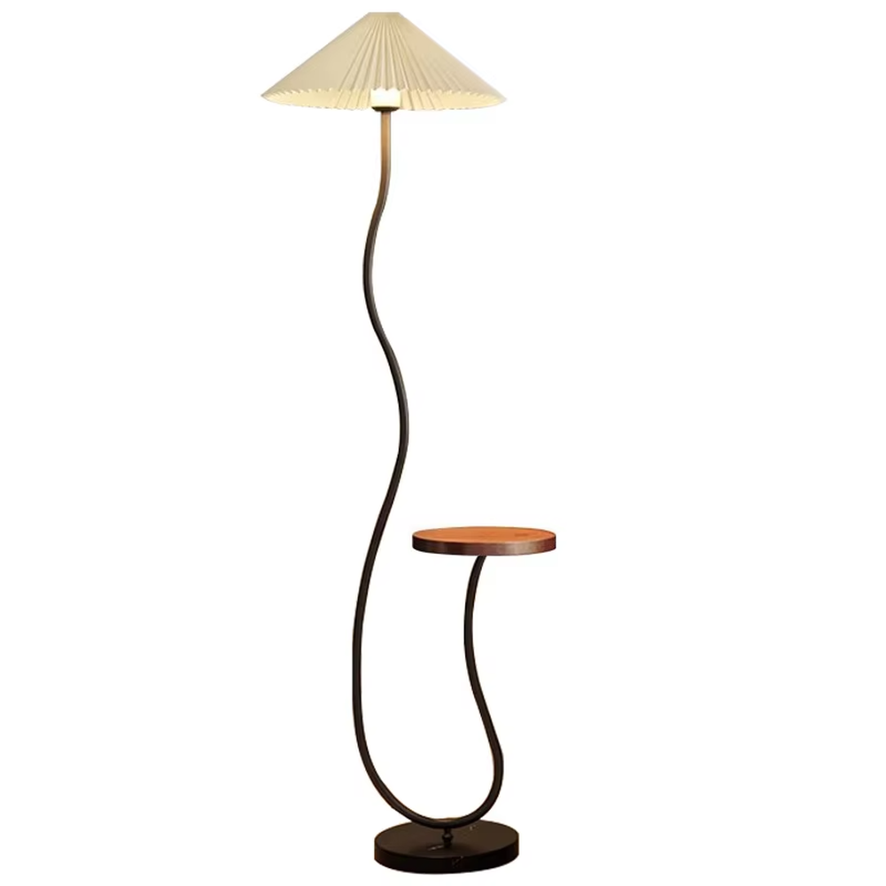 This is a warm minimalist curved floor lamp, equipped with a pleated lampshade, marble base and small side table. The lamp pole has a soft curved shape, and the lighting is soft and warm, with both lighting and storage functions.