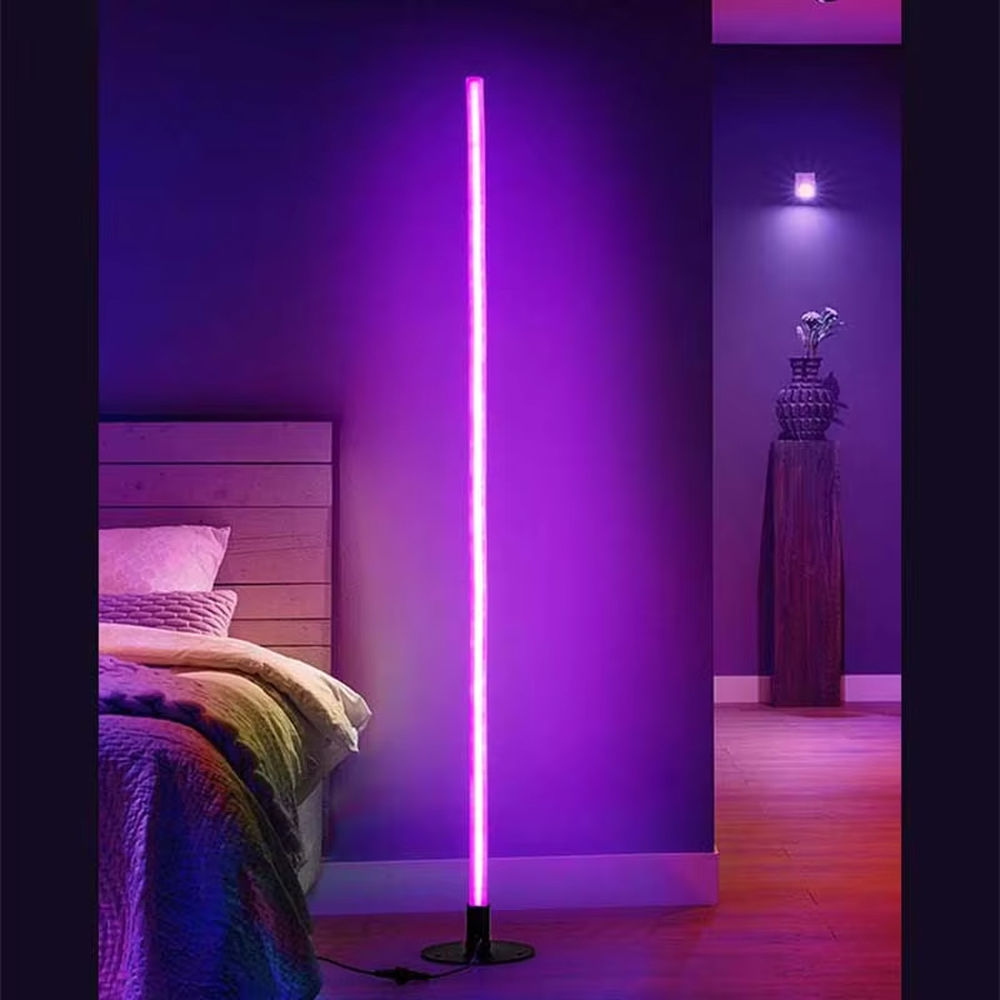 Modern creative bendable RGB neon floor lamp, fluorescent colorful light strip + black base, dynamic and changeable lighting, creating a trendy leisure atmosphere.