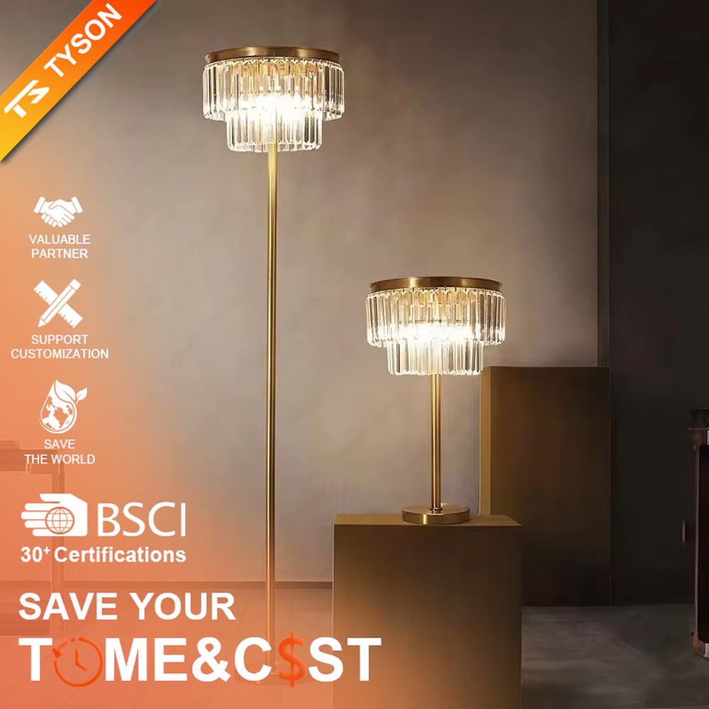 This is a light luxury luxurious crystal ring floor lamp, with a golden metal pole paired with a circular transparent crystal lampshade. The design is exquisite and grand, with brilliant and soft lighting, creating a high-end light luxury atmosphere.