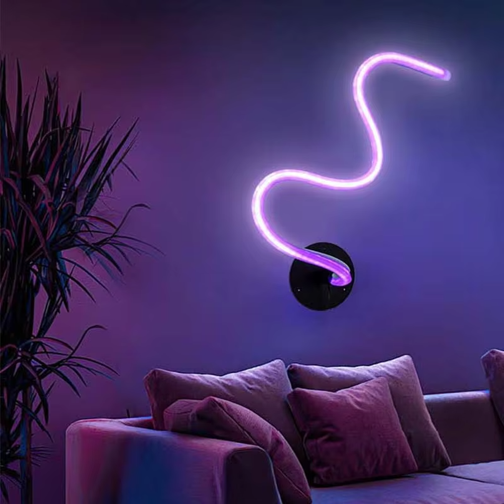 This is a modern creative bendable neon floor lamp, featuring a freely shapeable neon light strip with cool lighting colors (fluorescent green in the picture), paired with a black base. The design is full of creativity and personality, with a strong lighting atmosphere. It is used for space ambient lighting and decoration to create a trendy and personalized atmosphere. Suitable for modern-style living rooms, internet-famous check-in rooms, music studios, streetwear stores and other places.