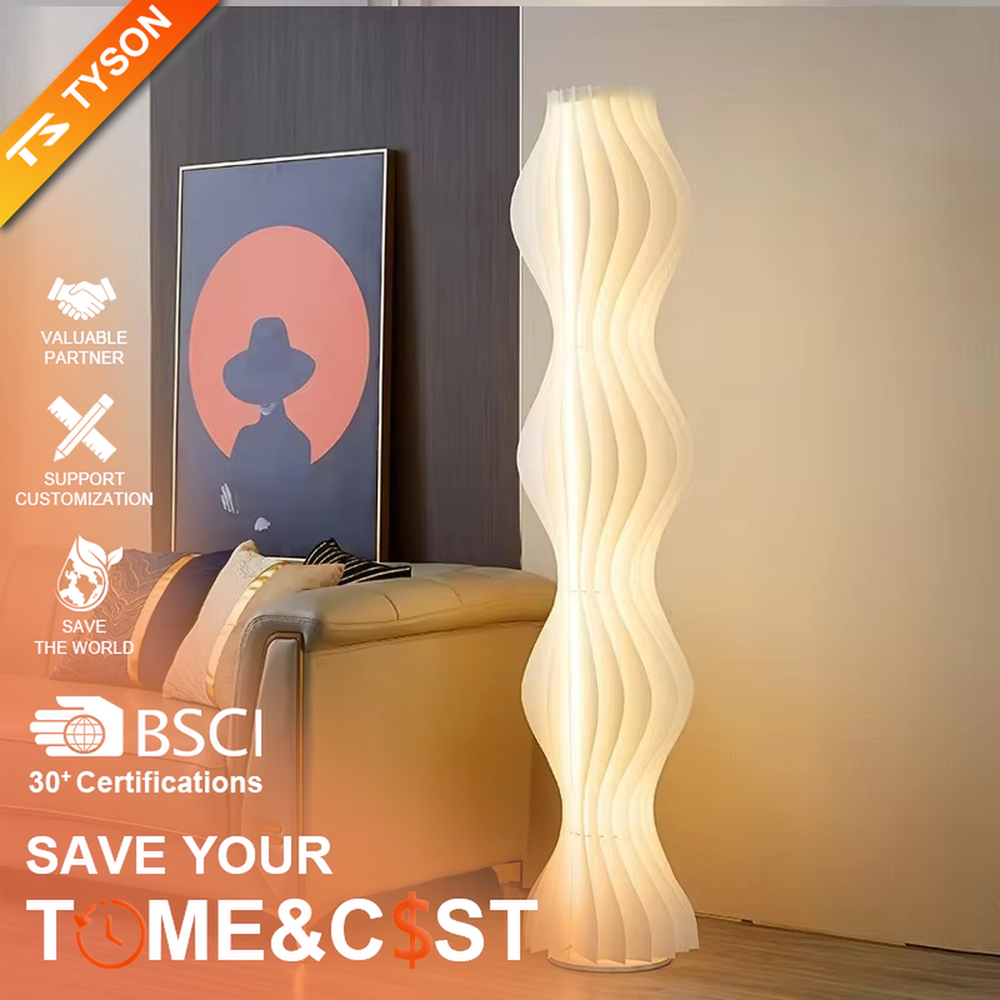 This is a modern artistic wave-patterned floor lamp, made of striped pleated material to create a multi-layer wave shape. The light-colored appearance is simple and flexible, and the light through the material is soft and hazy. It is used for space lighting and decoration to create a modern artistic atmosphere. Suitable for modern-style living rooms, art exhibition halls, high-end homestays and other places.