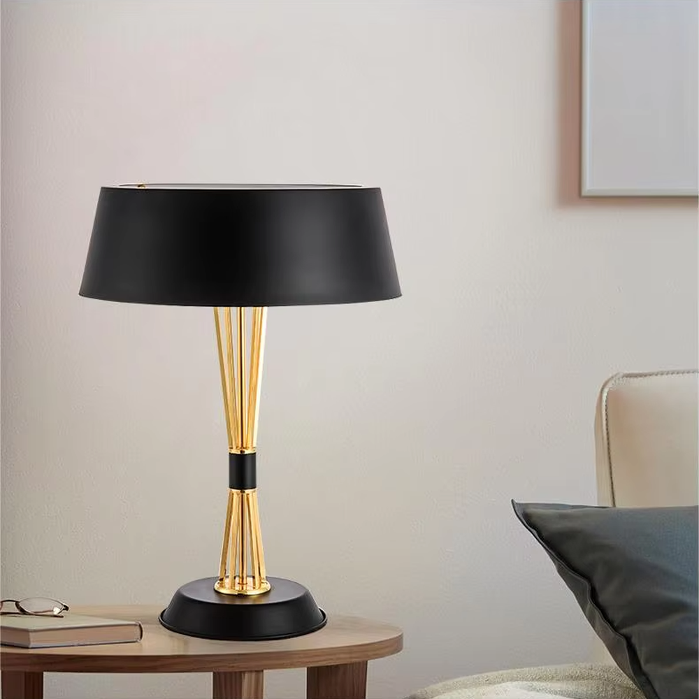 Light luxury black-gold multi-rod floor lamp, black conical lampshade + golden multi-thin rod lamp pole + black decorative ring, soft lighting, creating a high-end minimalist atmosphere.