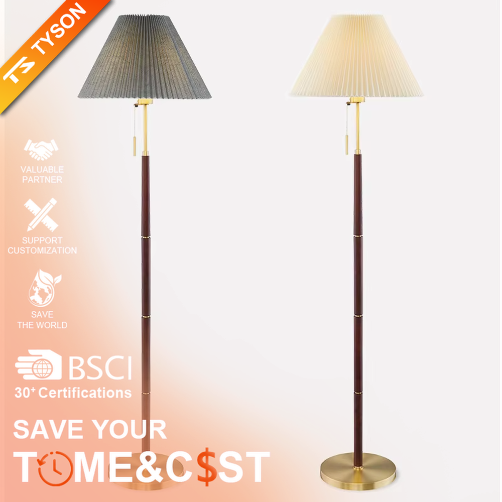 Light luxury vintage-style dark brown lamp pole gray pleated floor lamp, paired with golden decorations and base, soft and warm lighting, creating a high-end elegant space atmosphere.