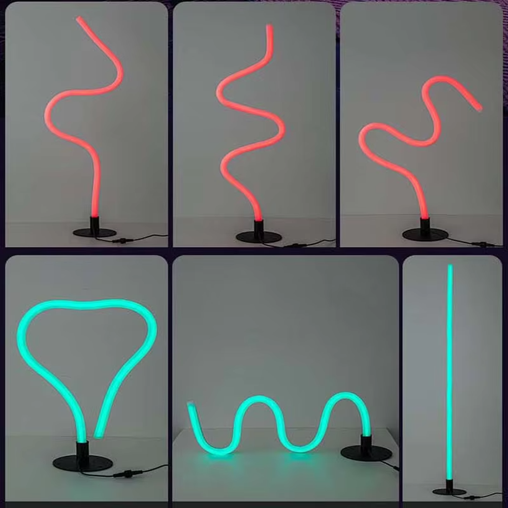 This is a modern creative bendable neon floor lamp, featuring a freely shapeable neon light strip with cool lighting colors (fluorescent green in the picture), paired with a black base. The design is full of creativity and personality, with a strong lighting atmosphere. It is used for space ambient lighting and decoration to create a trendy and personalized atmosphere. Suitable for modern-style living rooms, internet-famous check-in rooms, music studios, streetwear stores and other places.