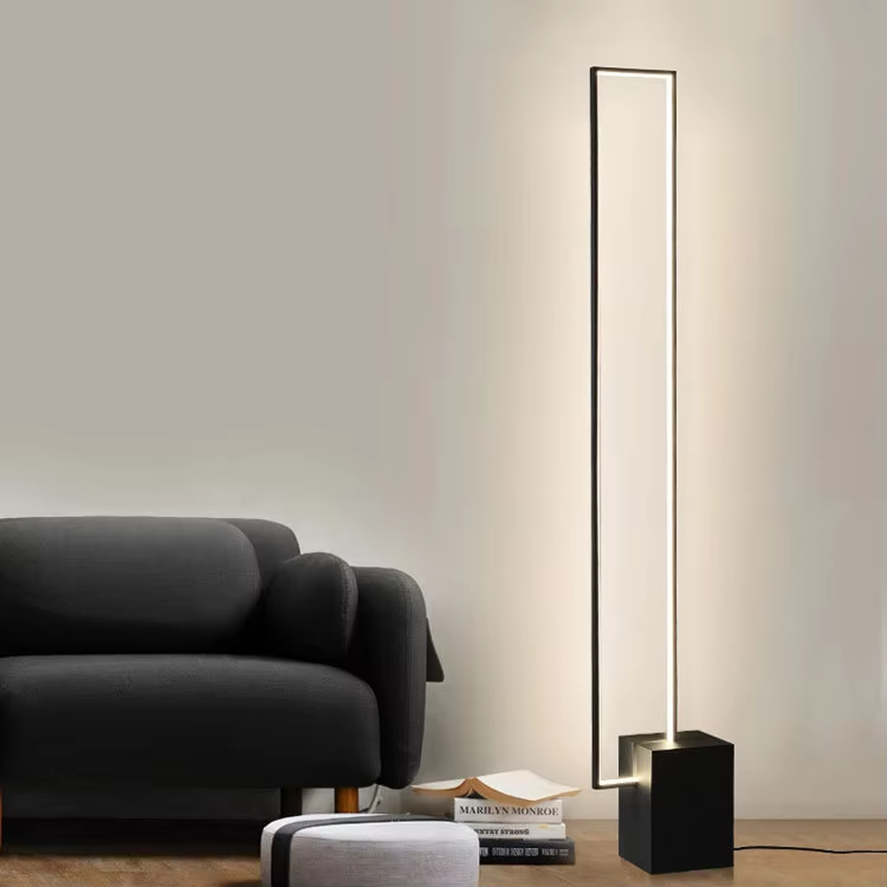 This is a modern minimalist long strip floor lamp, featuring a black frame paired with an embedded long strip light strip. The design has concise and high-end lines, with soft and uniform lighting. It is used for space lighting and decoration to create a modern minimalist atmosphere. Suitable for modern-style living rooms, minimalist bedrooms, high-end apartments and other places.
