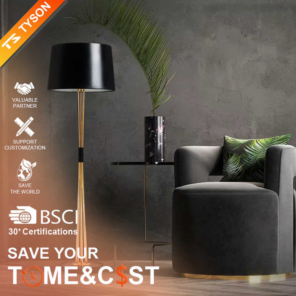 Light luxury black-gold multi-rod floor lamp, black conical lampshade + golden multi-thin rod lamp pole + black decorative ring, soft lighting, creating a high-end minimalist atmosphere.