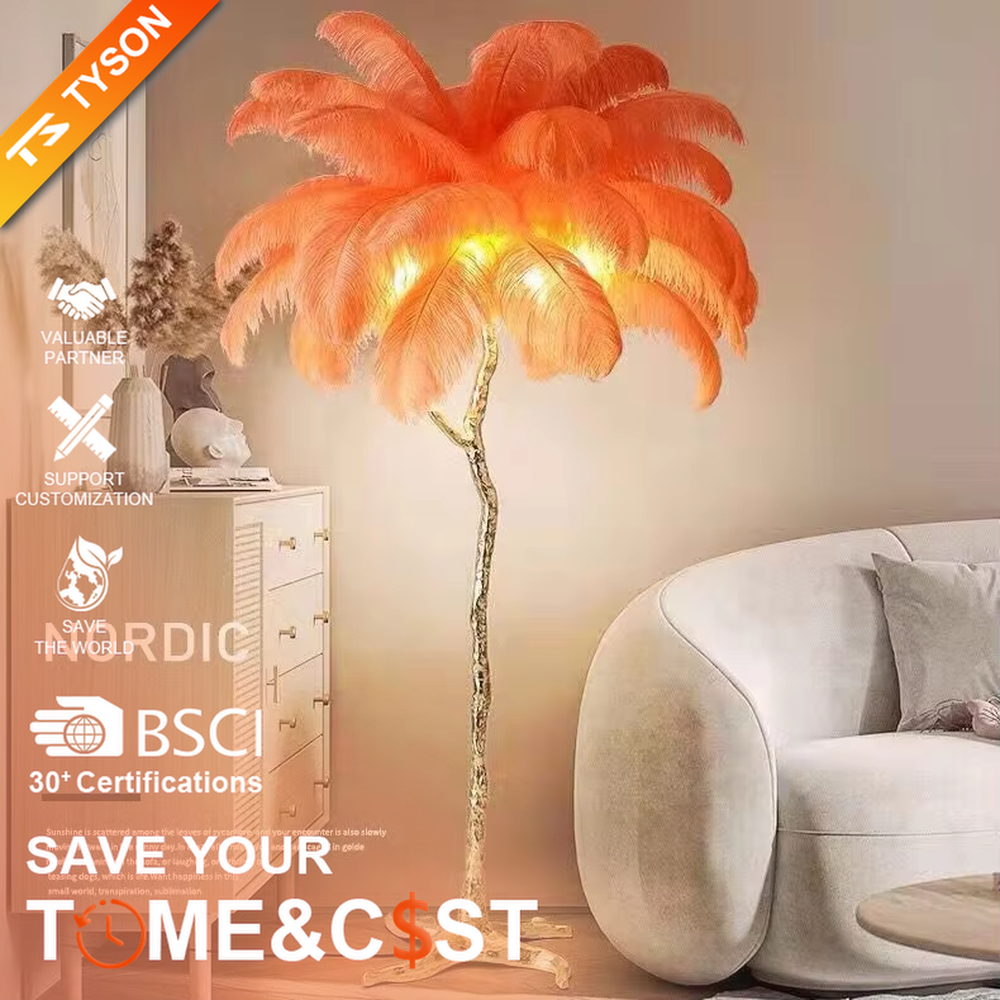 This is a light luxury elegant feather branch-shaped floor lamp, with a golden branch-shaped pole paired with a claw-shaped base, and a white feather lampshade on top. The light through the feathers is soft and warm, creating a romantic and elegant atmosphere.