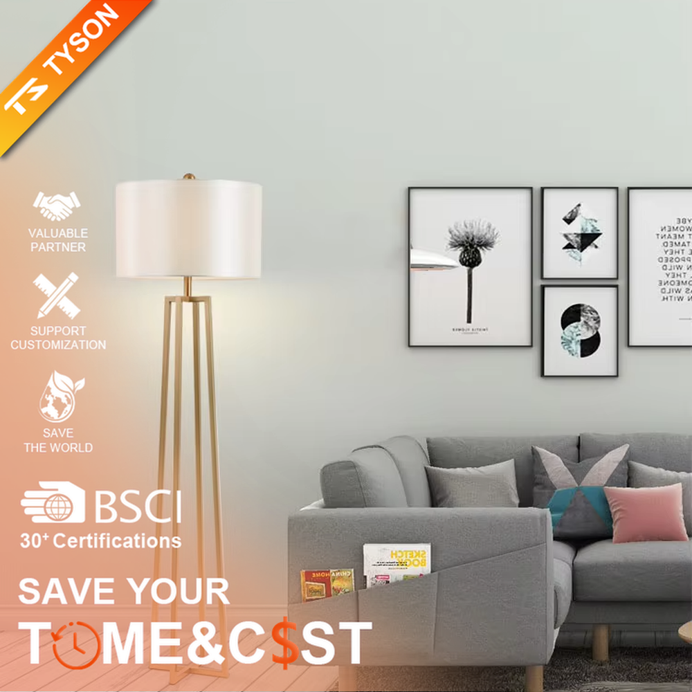 This is a light luxury minimalist golden geometric frame floor lamp, featuring a golden triangular geometric frame lamp pole paired with a white cylindrical fabric lampshade. It has a minimalist and grand design, with soft and uniform lighting. It is used for space lighting and decoration, creating a light luxury minimalist atmosphere. Suitable for light luxury-style living rooms, modern minimalist bedrooms, high-end apartments and other places.