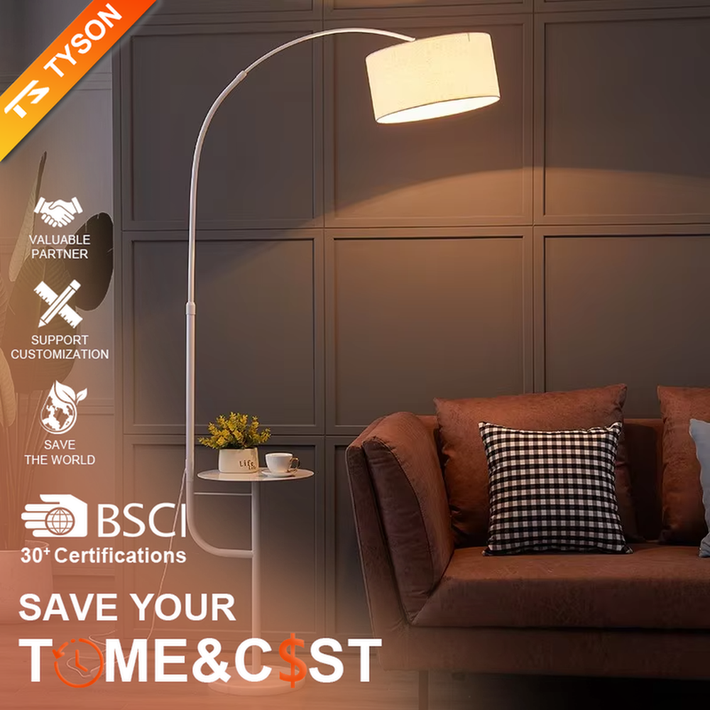 Warm romantic-style white curved feather floor lamp with a small round storage table, white feather lampshade + white lamp pole + round base, soft and warm lighting, creating a comfortable romantic space atmosphere.