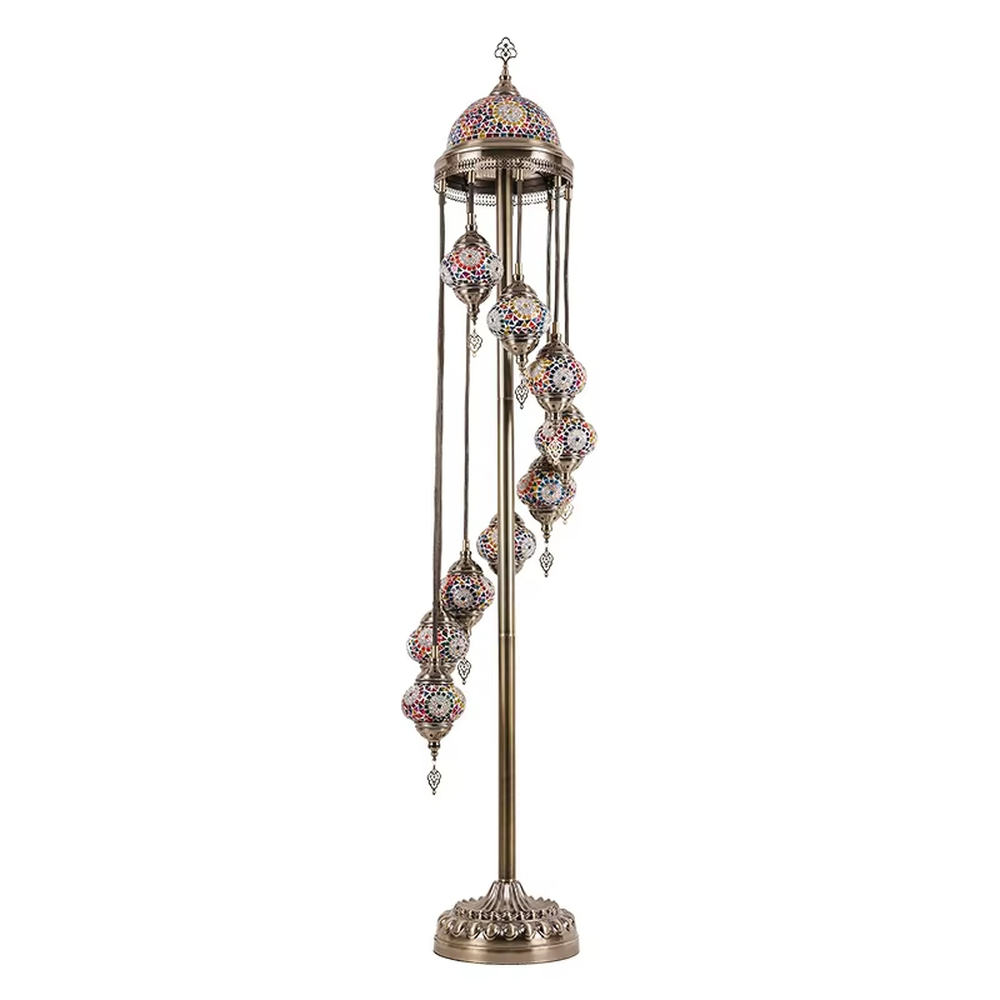 This is an exotic Turkish mosaic floor lamp, with a retro metal stand paired with a dome decoration, hanging multiple colorful mosaic glass balls. The light through the glass presents a soft and colorful effect, creating a strong exotic atmosphere.