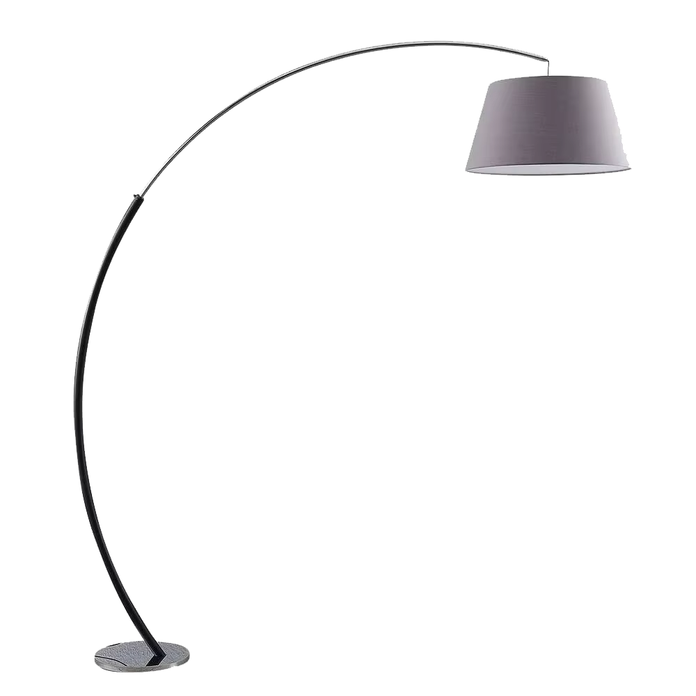 This is a modern minimalist curved floor lamp, with a black curved lamp pole paired with a light purple fabric lampshade and a silver textured disc base. The lighting is soft and warm, creating a minimalist comfortable atmosphere.