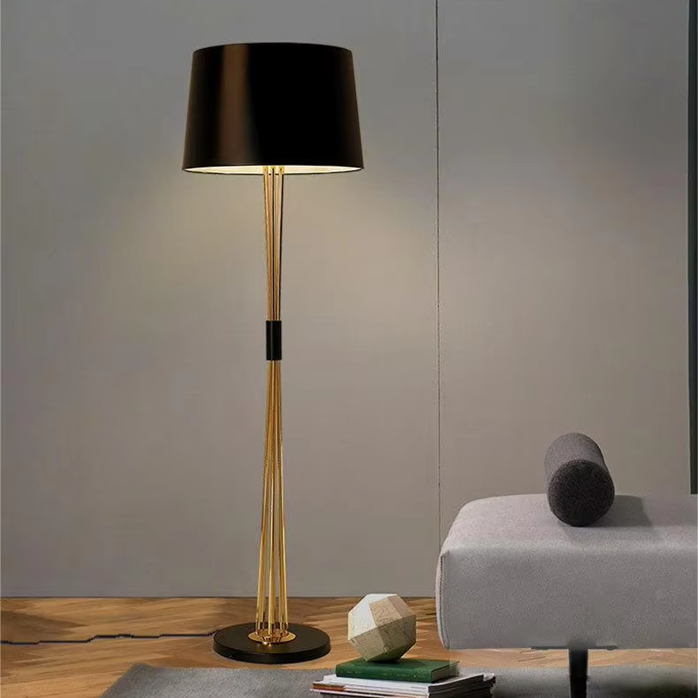 Light luxury black-gold multi-rod floor lamp, black conical lampshade + golden multi-thin rod lamp pole + black decorative ring, soft lighting, creating a high-end minimalist atmosphere.