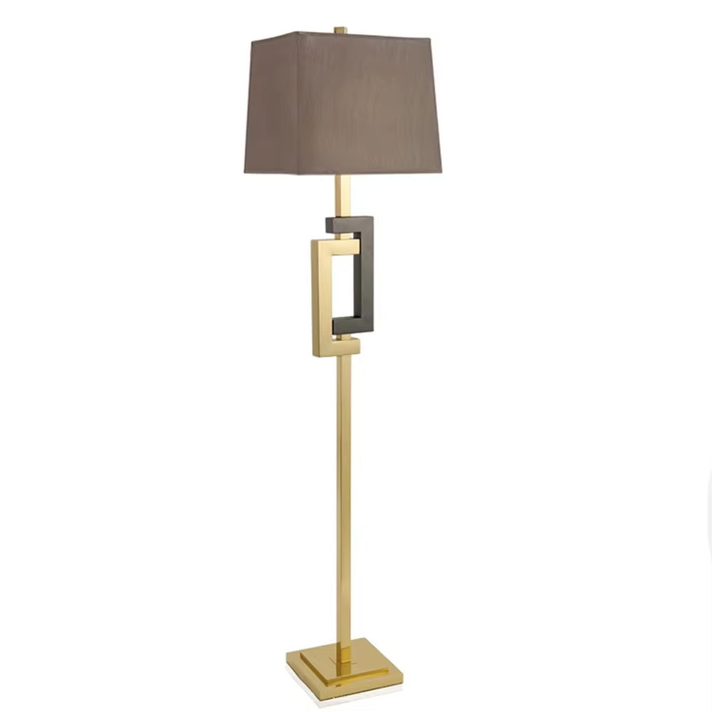 Light luxury black-gold geometric decorative floor lamp, golden metal lamp pole + dark brown square fabric lampshade, soft lighting, creating a high-end elegant atmosphere.
