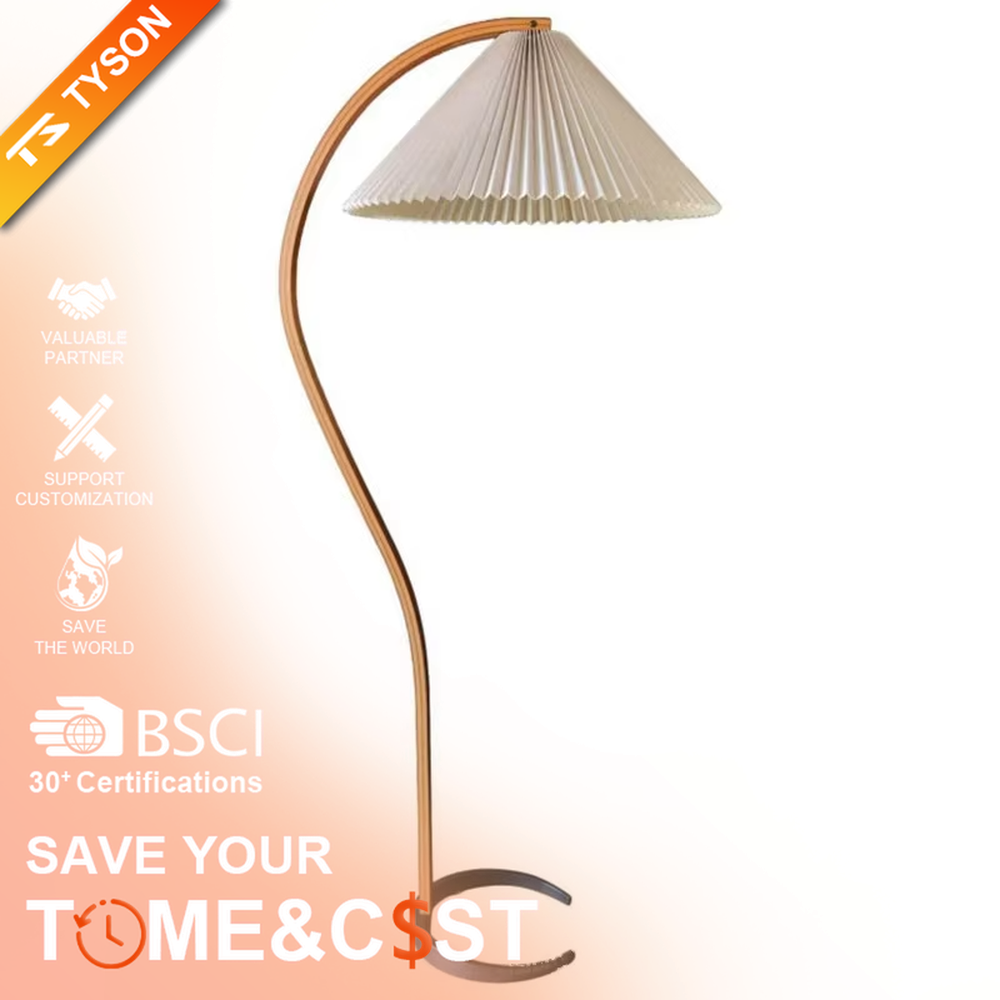 Vintage-style curved wooden red pleated floor lamp, red fabric pleated lampshade + light-colored wooden curved lamp pole + black base, soft and warm lighting, creating a vintage elegant atmosphere.