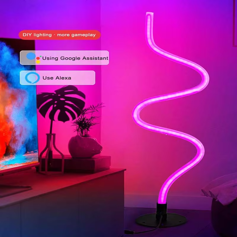 Modern creative bendable RGB neon floor lamp, fluorescent colorful light strip + black base, dynamic and changeable lighting, creating a trendy leisure atmosphere.