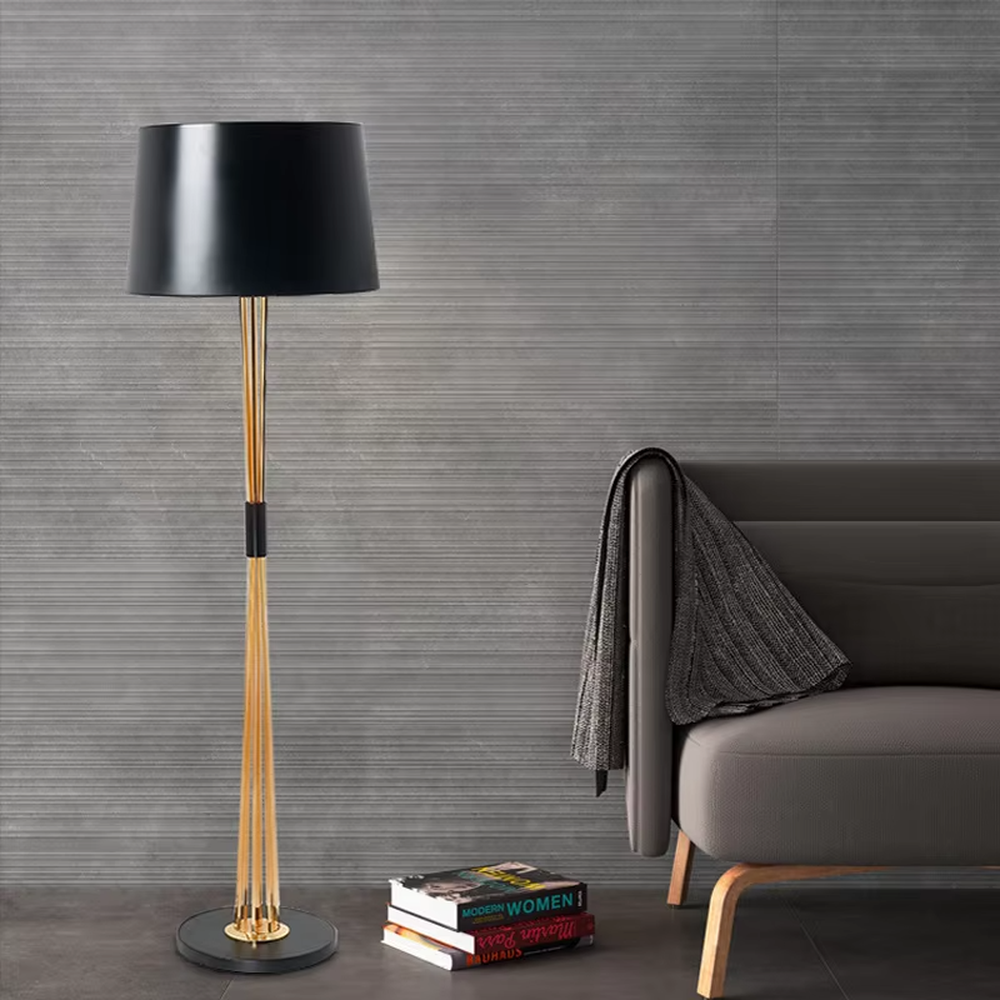Light luxury black-gold multi-rod floor lamp, black conical lampshade + golden multi-thin rod lamp pole + black decorative ring, soft lighting, creating a high-end minimalist atmosphere.
