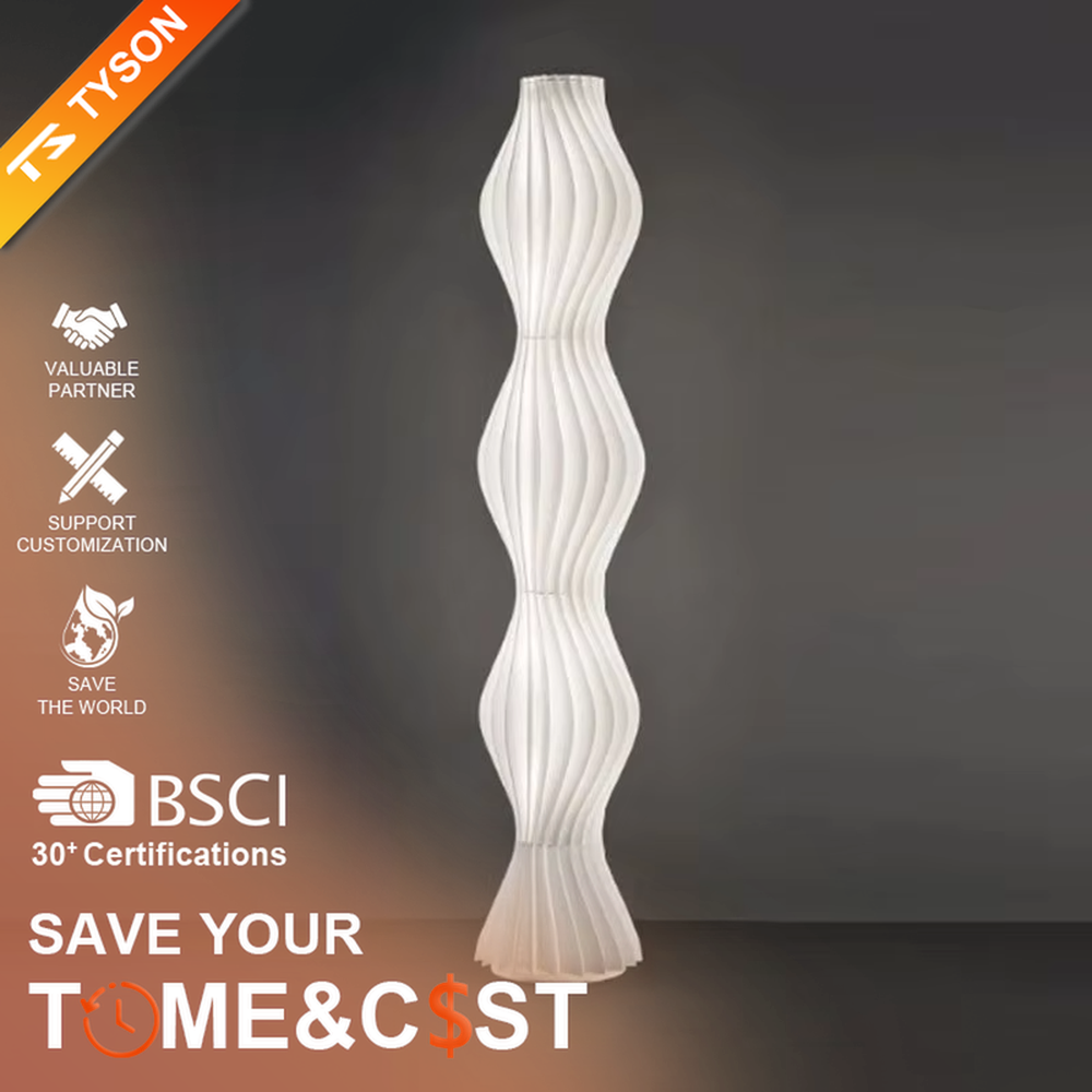 Modern artistic wave-shaped striped floor lamp, light-colored panels spliced into a curved shape, soft and hazy lighting, creating an artistic minimalist atmosphere.