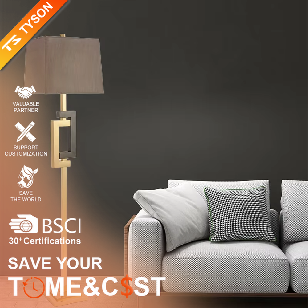 Light luxury black-gold geometric decorative floor lamp, golden metal lamp pole + dark brown square fabric lampshade, soft lighting, creating a high-end elegant atmosphere.