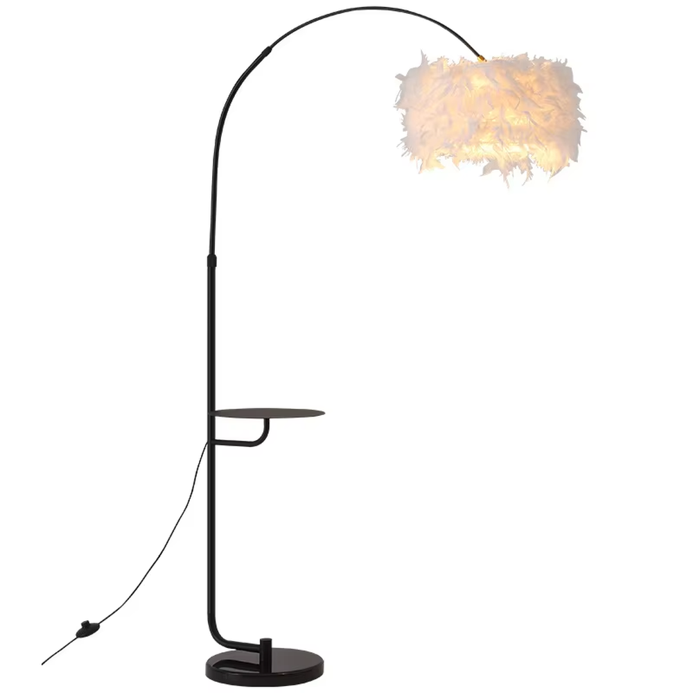 Light luxury golden curved stand feather lampshade floor lamp (with small side table), soft warm feather lampshade + golden metal stand + storage small table, soft hazy light, creating a warm healing home atmosphere.