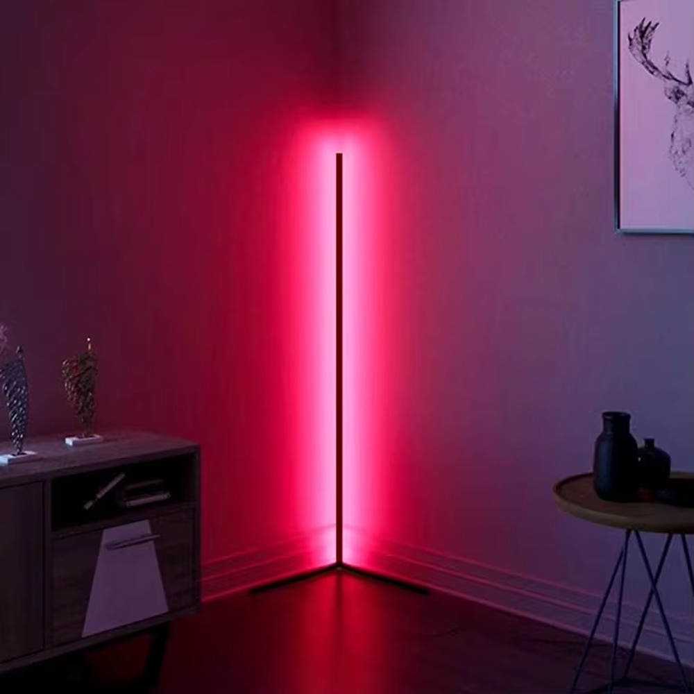 Minimalist corner strip color-changing ambient floor lamp, slender strip lamp body + corner-adapted base + multi-color ambient light, soft light renders the space, creating a stylish atmosphere.