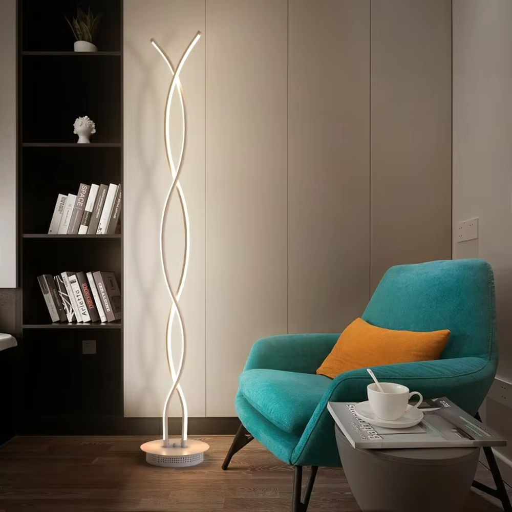 Trendy spiral-wound gradient colorful LED floor lamp, double strip lights spiral-wound + gradient multi-color light effect, creating a fashionable trend atmosphere.